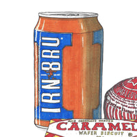 Irn Bru, Caramel Wafer & Tea cake